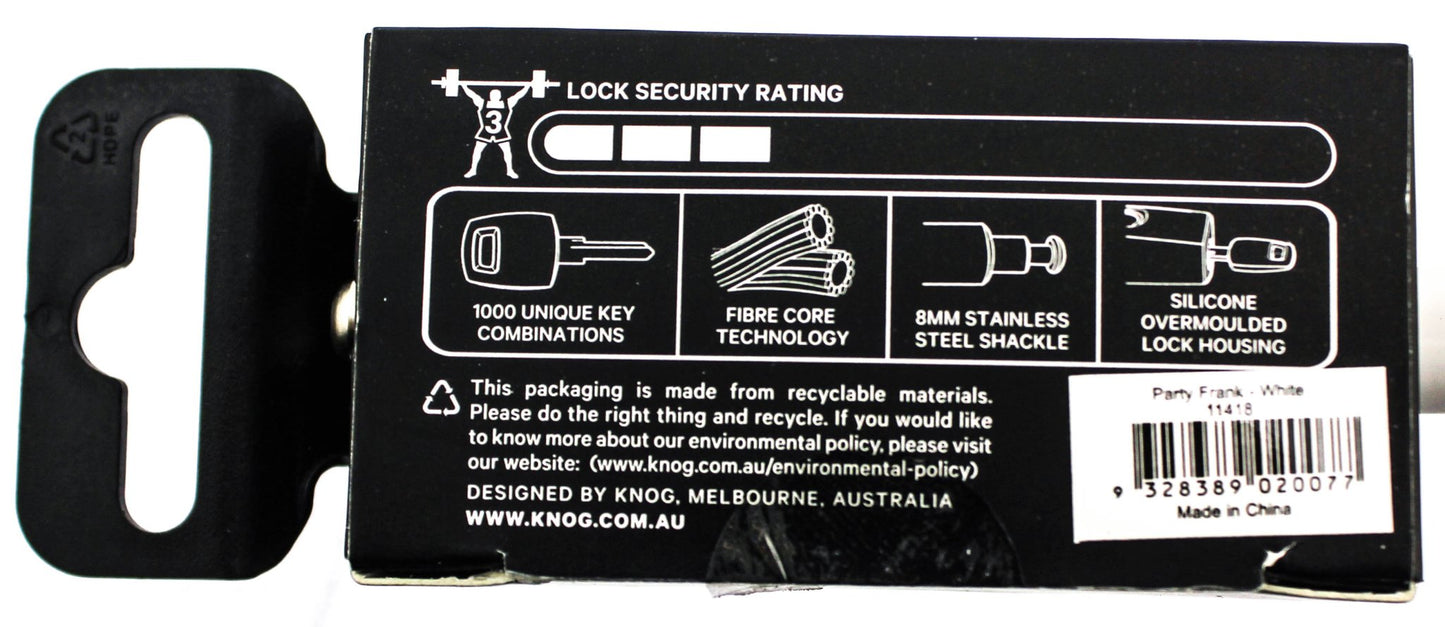 KNOG PARTY FRANK 620mm Cable Bike Lock With Bracket White Keyed Steel NEW - Random Bike Parts