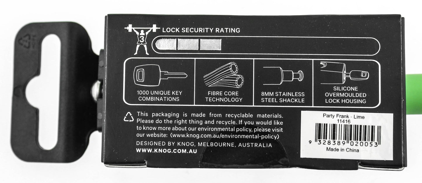 KNOG PARTY FRANK 620mm Cable Bike Lock With Bracket Lime Green Keyed Steel NEW - Random Bike Parts