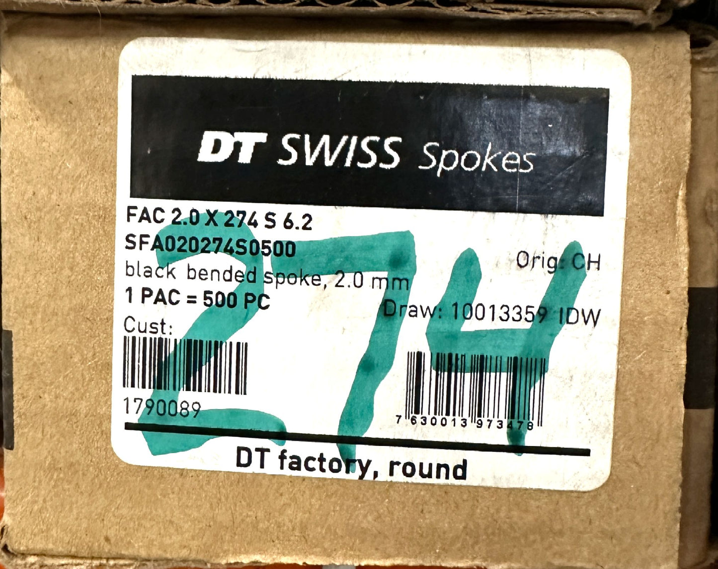 DT SWISS Champion Round Black Spokes Black J-bend 2.0 mm 274mm 20/Count