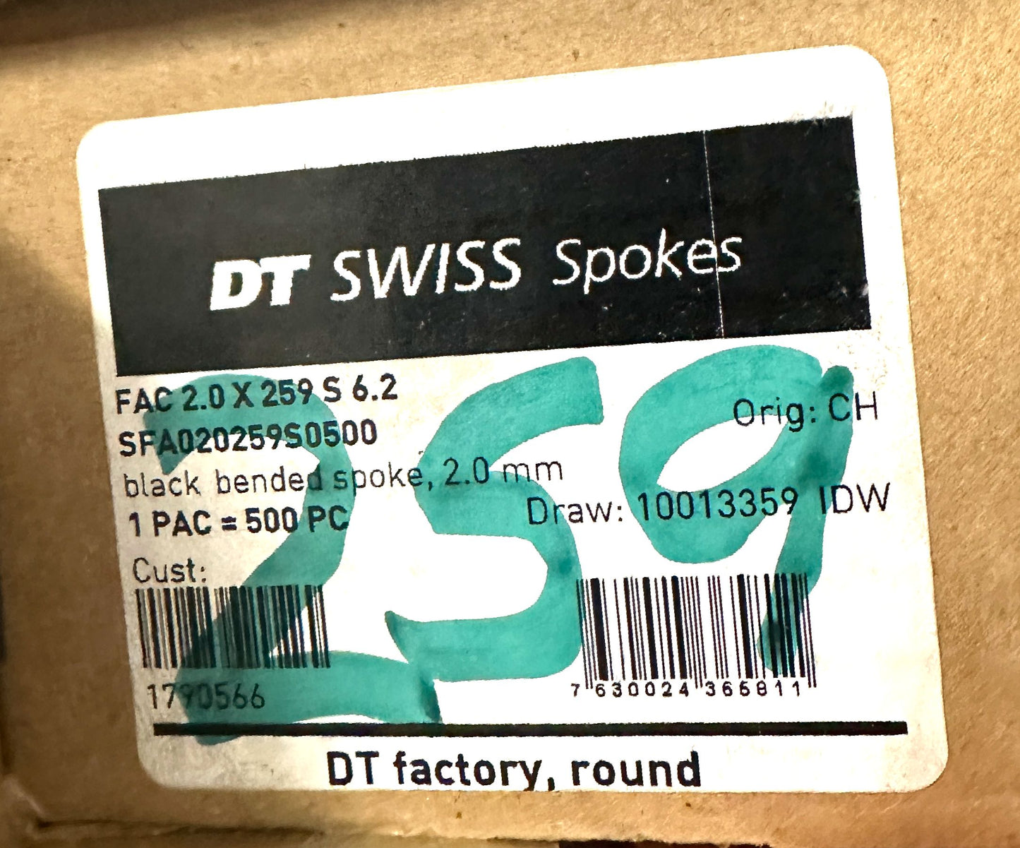 DT SWISS Champion Round Black Spokes Black J-bend 2.0 mm 259mm 100/Count Bulk