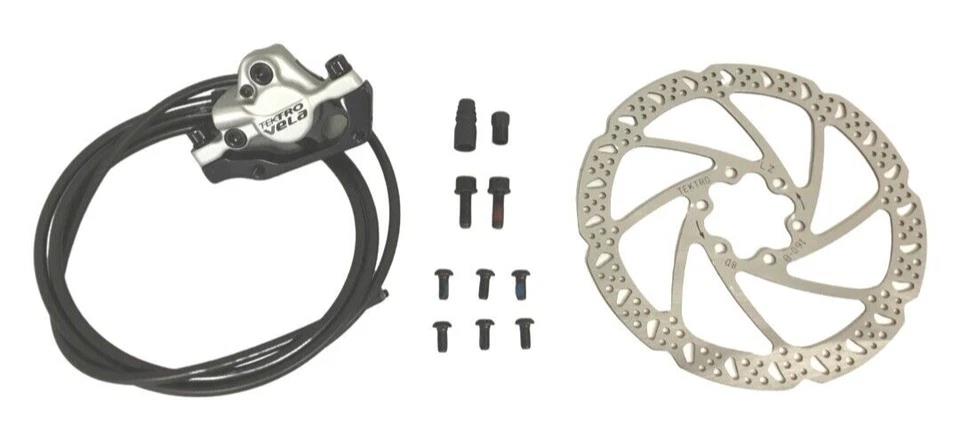 Tektro Vela hydraulic disc brake rear set with 160mm rotor and 1600mm hose, silver, for MTB or hybrid bikes