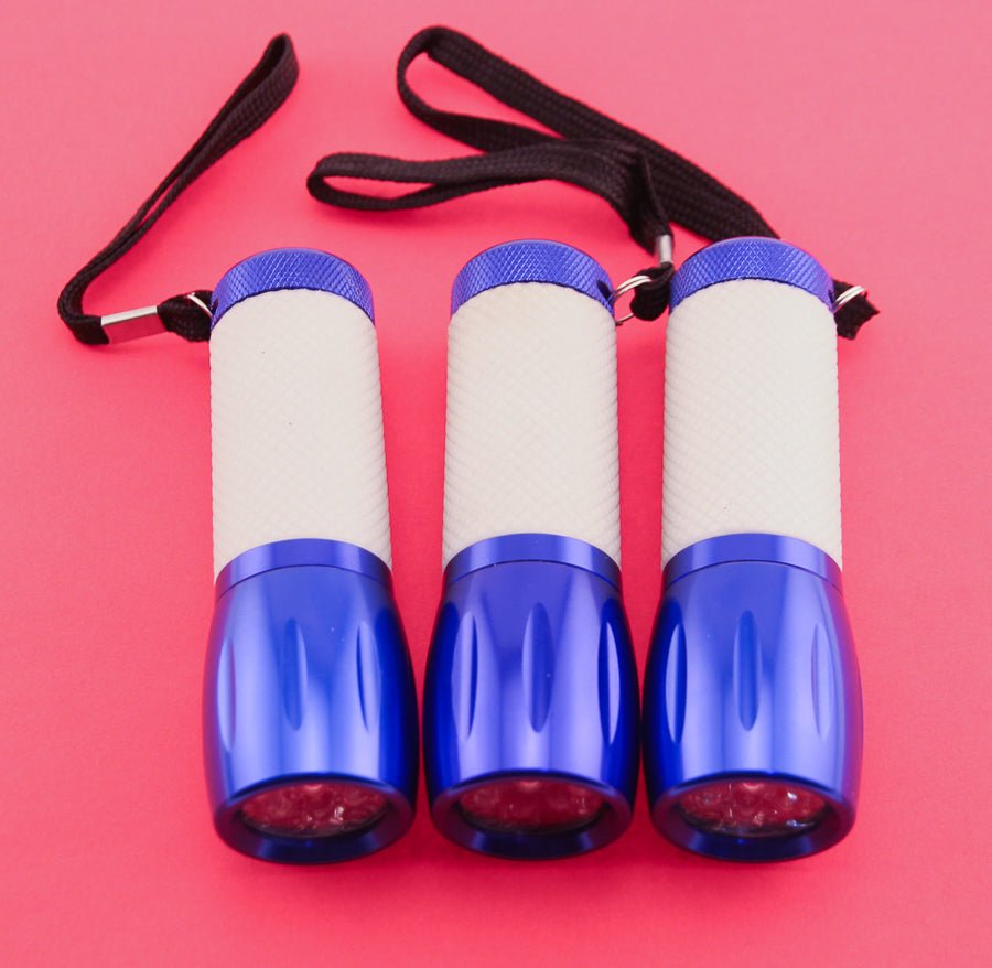 3 Quantity 9 LED Flashlights Blue Anodized Aluminum Rubber Grip Push Button NEW - Random Bike Parts