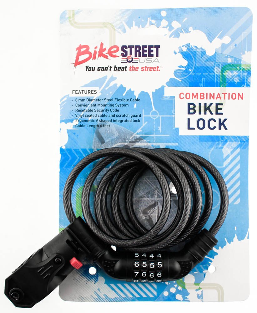 BIKE STREET Combination Bike Lock Cable 8mm x 6' Combo Flexible W/ Mounting NEW - Random Bike Parts