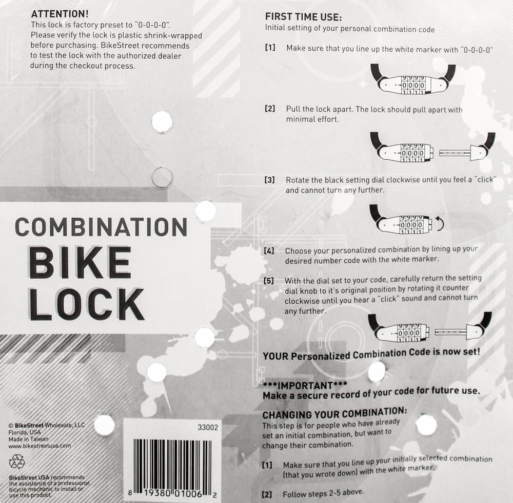 BIKE STREET Combination Bike Lock Cable 8mm x 6' Combo Flexible W/ Mounting NEW - Random Bike Parts