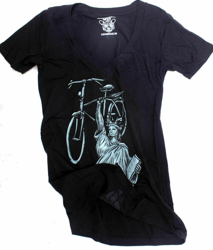 CLOCKWORK GEARS LIBERTY RIDE Women's XL T-Shirt Short Sleeve Black V-Neck NEW - Random Bike Parts