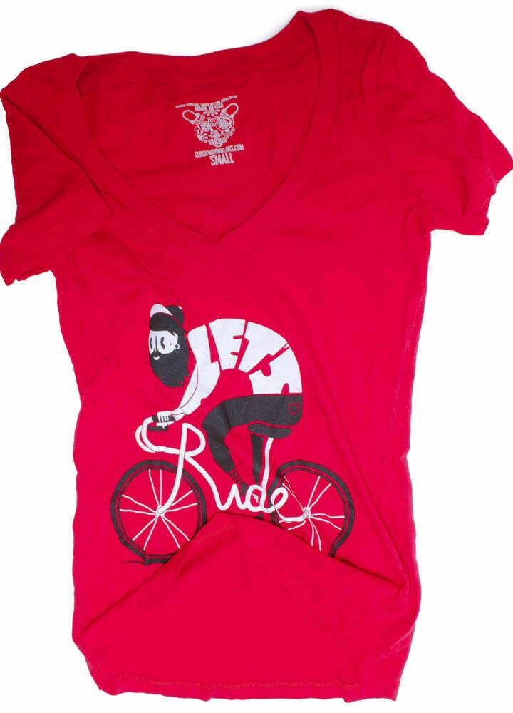 CLOCKWORK GEARS LET'S RIDE Women's Lg T-Shirt Short Sleeve Red V-Neck Cotton NEW - Random Bike Parts