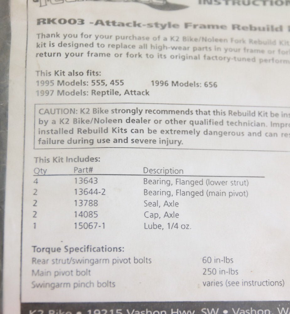 K2 NOLEEN RK003 Pro-Flex Attack Style Frame Rebuild Kit - Random Bike Parts