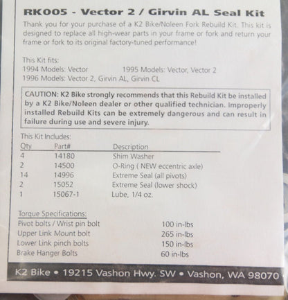 K2 NOLEEN Pro-Flex RK005 Vector 2 / Girvin AL Seal Kit - Random Bike Parts