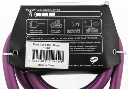 Knog Party Coil 1300mm Coiled Cable Bike Lock Braided Steel Grape Purple NEW - Random Bike Parts