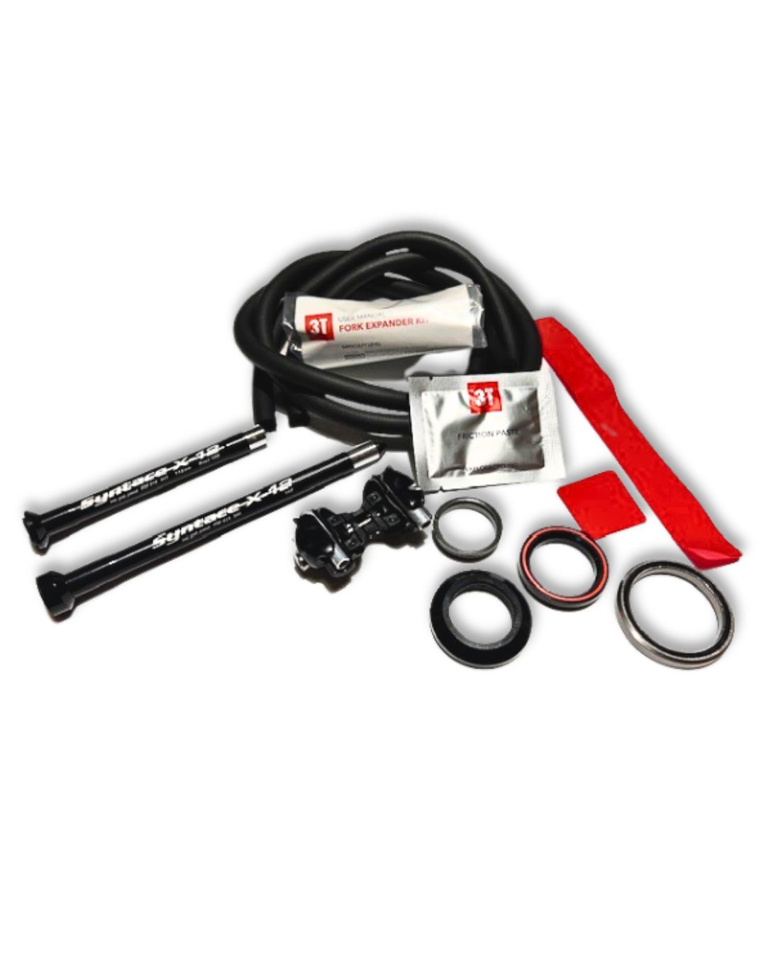 3T Exploro frameset parts kit with thru axles, integrated headset, saddle clamp, foam sleeves, paste and decals