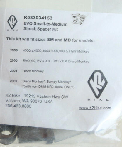 K2 B NOLEEN EVO Small to Medium Shock Spacer Kit NEW - Random Bike Parts