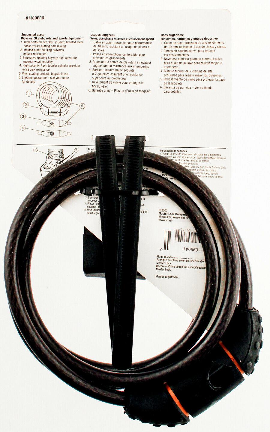 MASTER LOCK PRO SPORT 6' Integrated Keyed Cable Lock 10mm Bicycle 2 Keys NEW