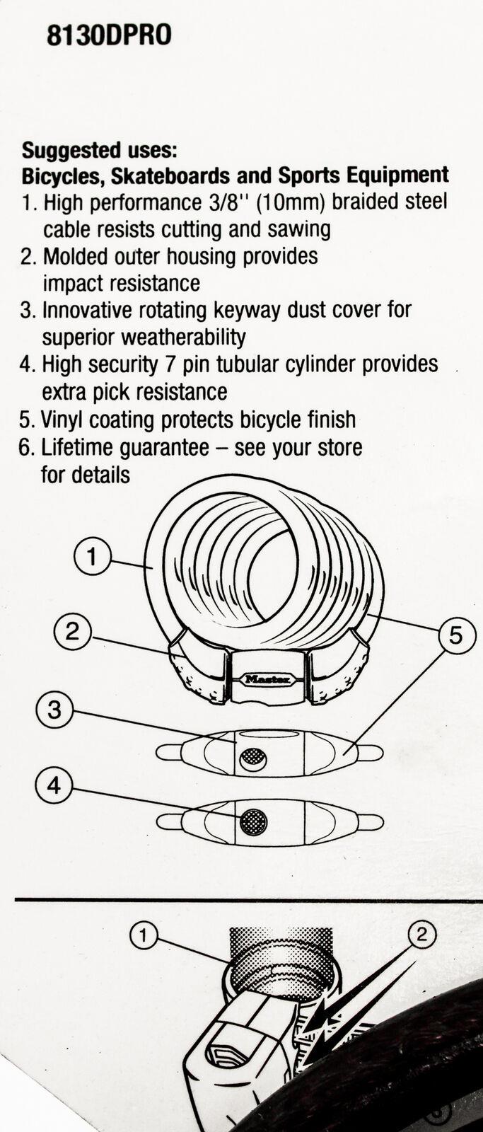 MASTER LOCK PRO SPORT 6' Integrated Keyed Cable Lock 10mm Bicycle 2 Keys NEW