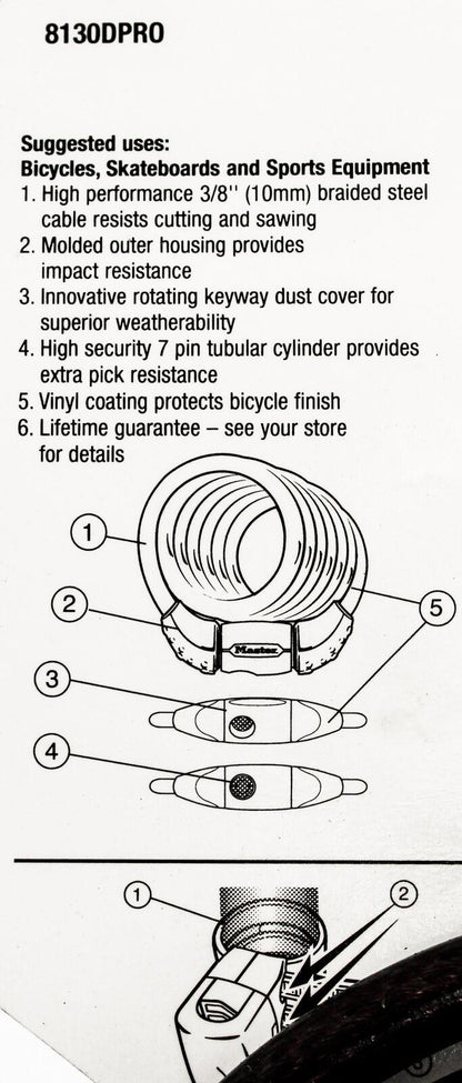 MASTER LOCK PRO SPORT 6' Integrated Keyed Cable Lock 10mm Bicycle 2 Keys NEW