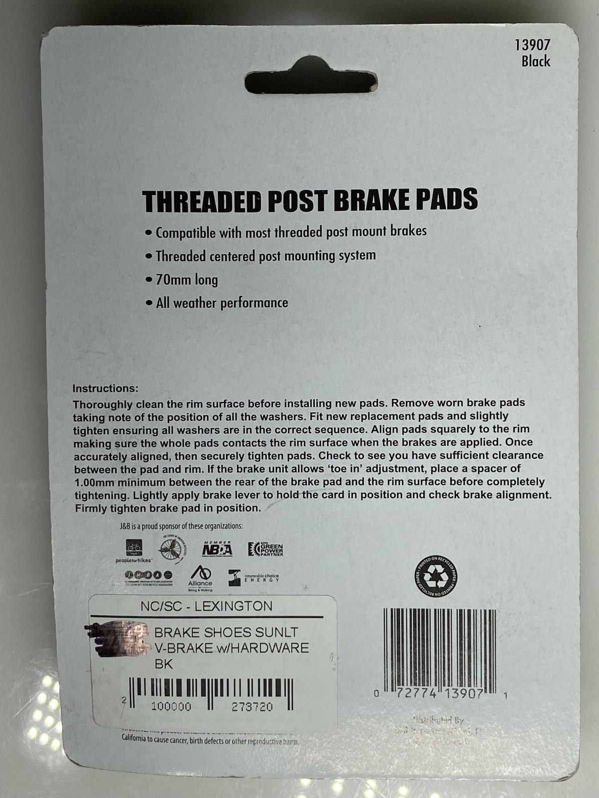 Sunlite Threaded 70mm Post Bike Brake Pads Shoes V-brake New