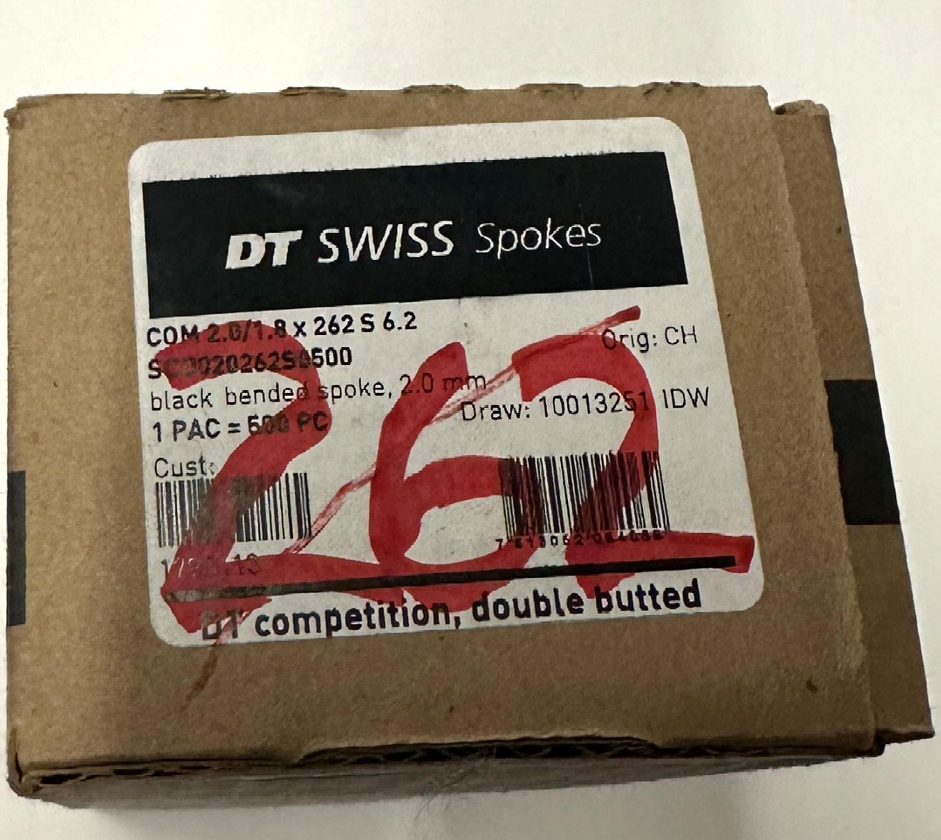 DT SWISS COMPETITION Spokes Black J-bend 2.0/1.8mm 14/15/14 DB 262mm 20/Count - Random Bike Parts