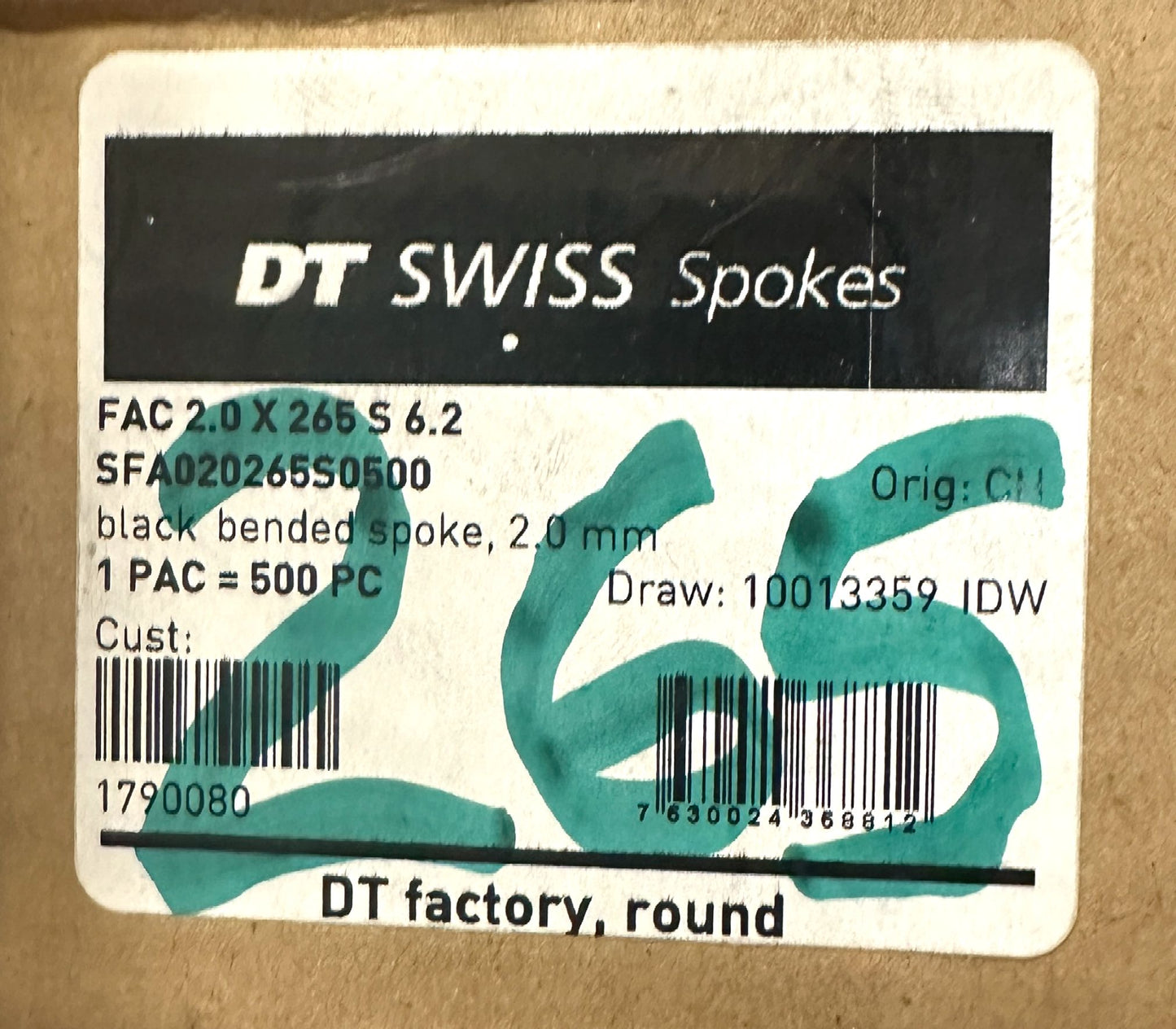 DT SWISS Champion Round Black Spokes Black J-bend 2.0 mm 265mm 20/Count