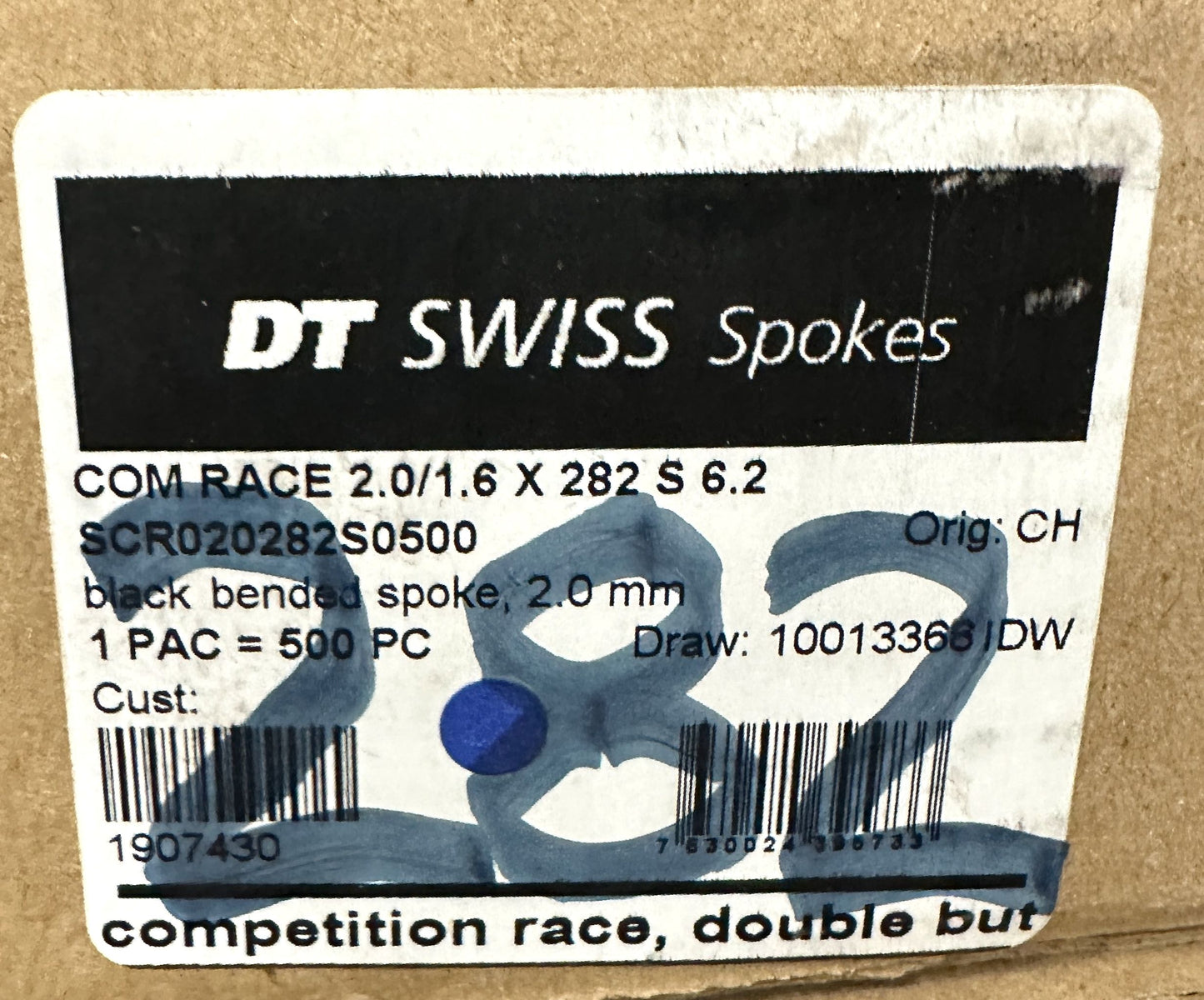DT SWISS COMPETITION RACE Spokes Black J-bend 2.0/1.6/2.0mm DB 282mm 20/Count