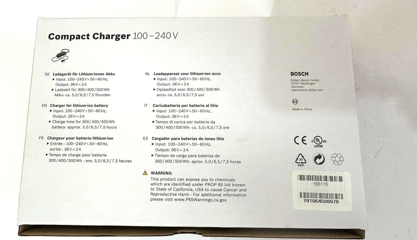 Bosch Ebike Compact Charger BCS230 0 275 007 915 Output 36v 2a 100-240V No Cord