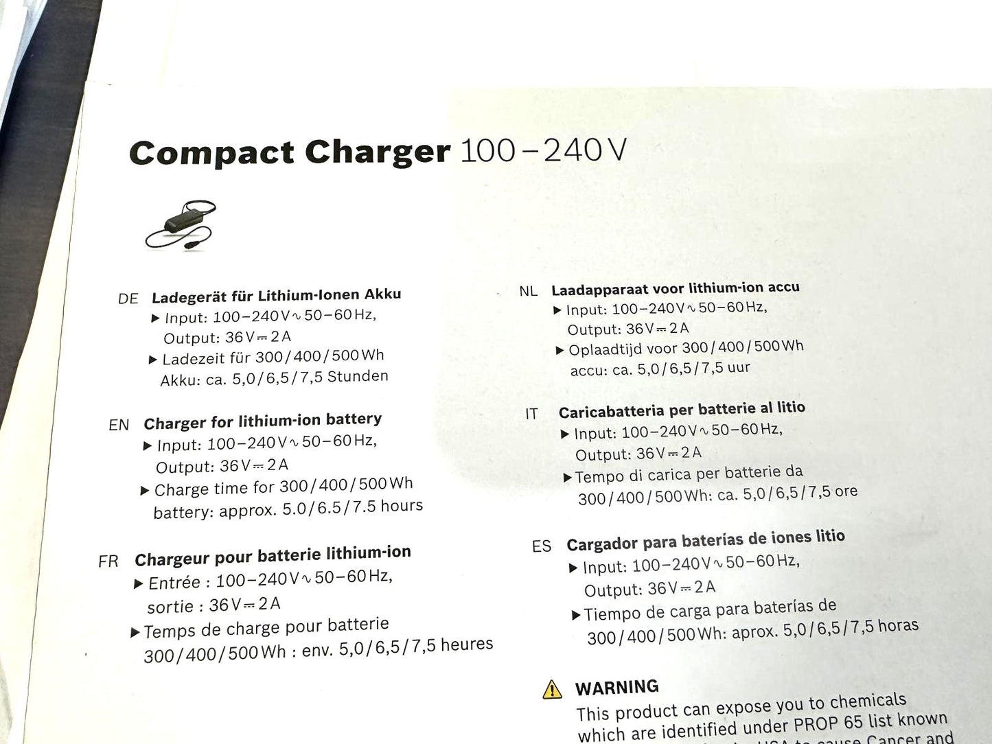 Bosch Ebike Compact Charger BCS230 0 275 007 915 Output 36v 2a 100-240V No Cord