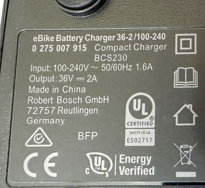 Bosch Ebike Compact Charger BCS230 0 275 007 915 Output 36v 2a 100-240V No Cord