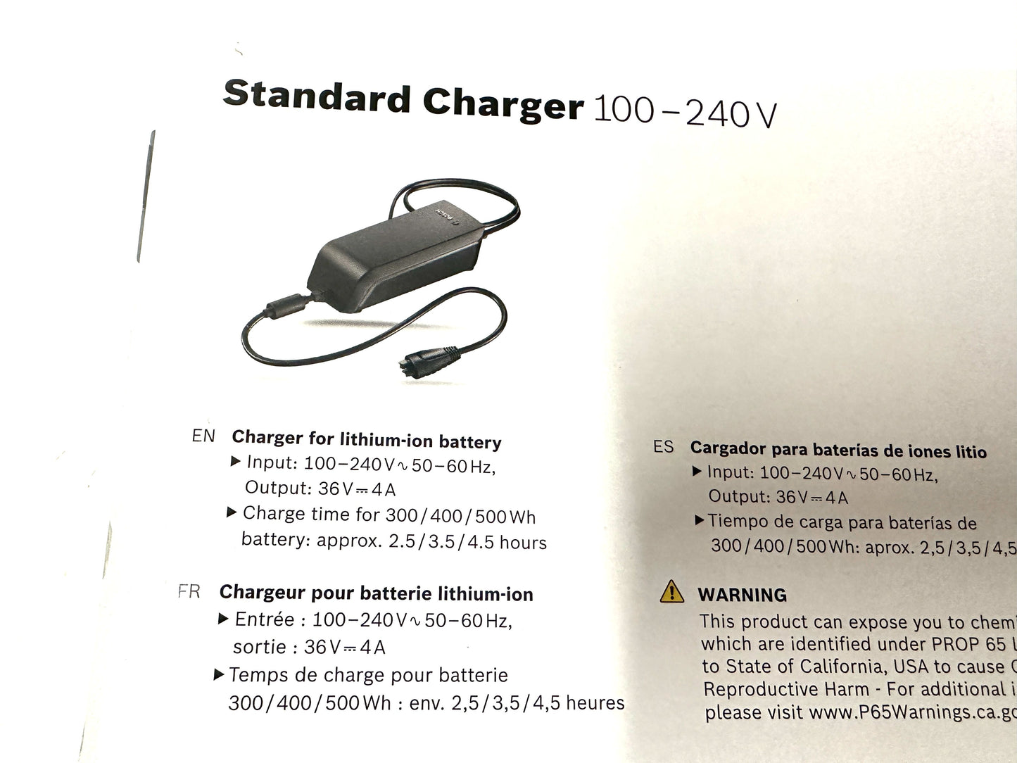 Bosch Ebike Standard Charger BCS210 0 275 007 906 Output 36v 2a 100-240V No Cord