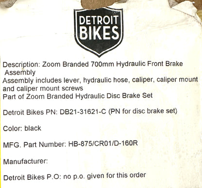 ZOOM HB-875 Bicycle Hydraulic Disc Brake Bike Front/Rear 700mm 1350mm IS/PM New
