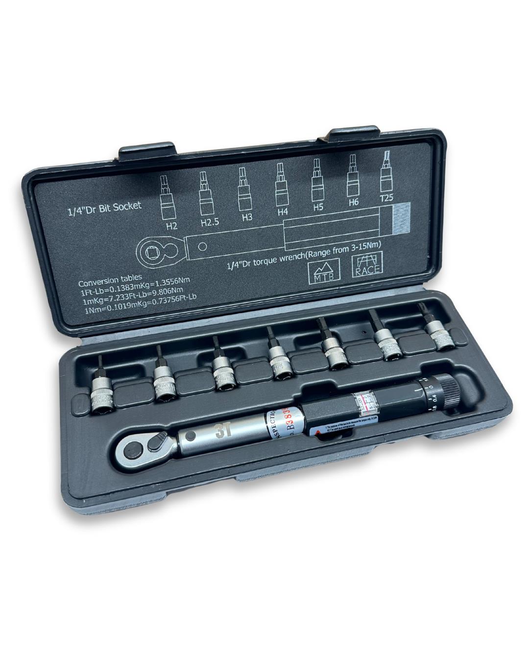 1/4 inch adjustable torque wrench set 3-15 Nm with hex bits 2-6 mm and Torx T25, bike tool kit