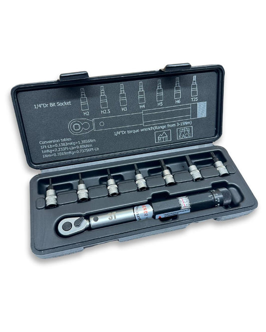 1/4 inch adjustable torque wrench set 3-15 Nm with hex bits 2-6 mm and Torx T25, bike tool kit