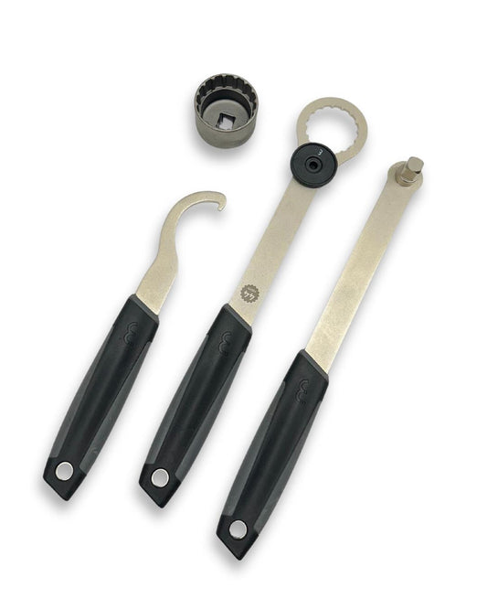Bottom bracket maintenance kit with MultiHook lockring tool, BracketGrip cup wrench, BracketPlug socket, and DriveForce handle
