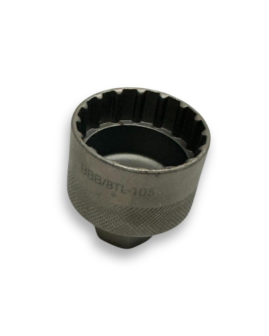 Bottom bracket maintenance kit with MultiHook lockring tool, BracketGrip cup wrench, BracketPlug socket, and DriveForce handle
