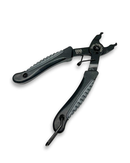 Bike chain maintenance tool kit including chain breaker tool, quick-link pliers, and chain scrubber cleaner