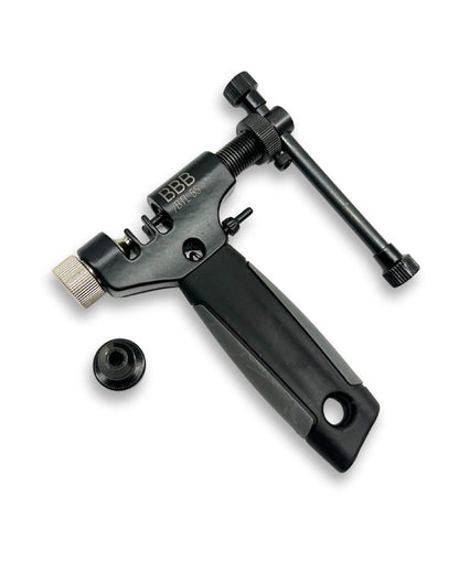 Bike chain maintenance tool kit including chain breaker tool, quick-link pliers, and chain scrubber cleaner