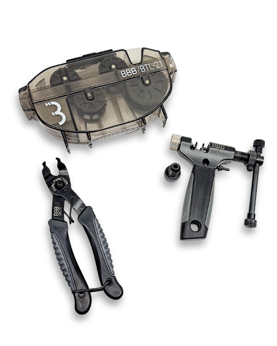 Bike chain maintenance tool kit including chain breaker tool, quick-link pliers, and chain scrubber cleaner
