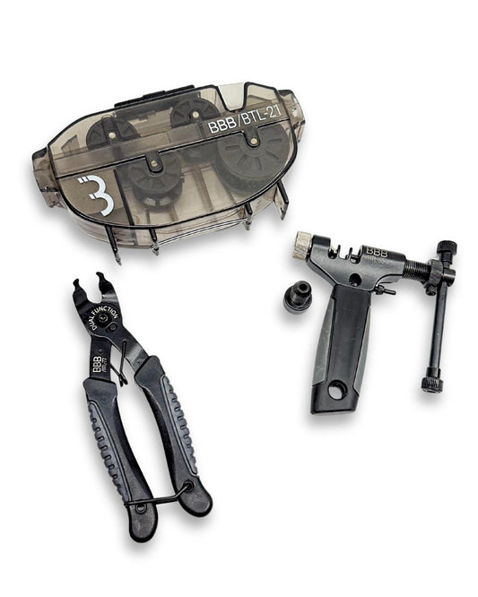 Bike chain maintenance tool kit including chain breaker tool, quick-link pliers, and chain scrubber cleaner