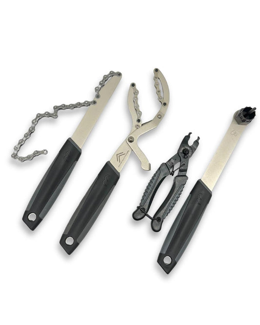 Drivetrain tool kit with chain whip, cassette lockring remover, T-RexGrip pliers, and LinkFix master-link tool