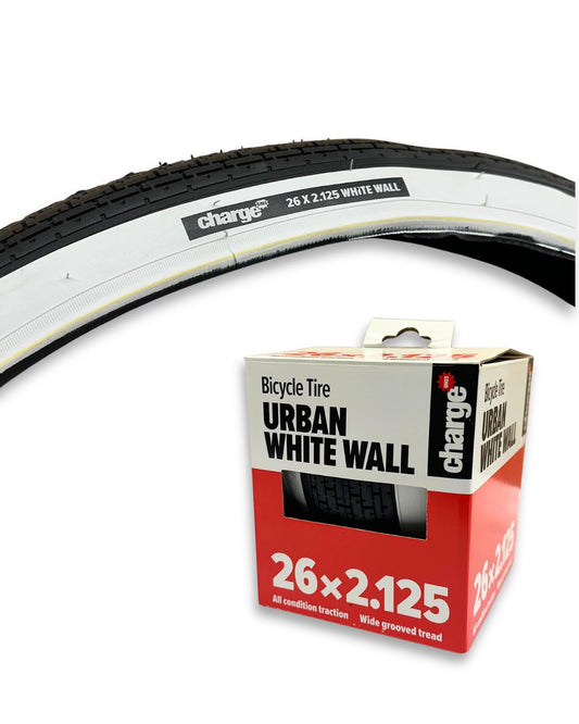Charge 26x2.125 white wall bike tire with Innova name and logo on sidewall
