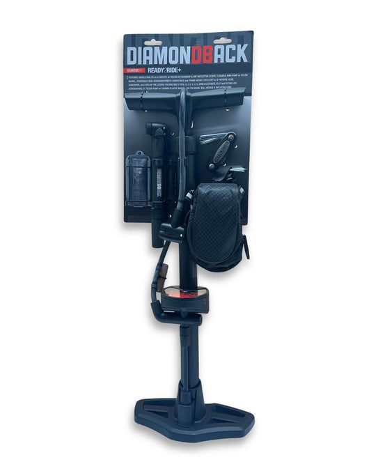 Diamondback Ready2Ride Plus starter kit with floor pump, mini pump, saddle bag, multi tool, patch kit, and tire levers