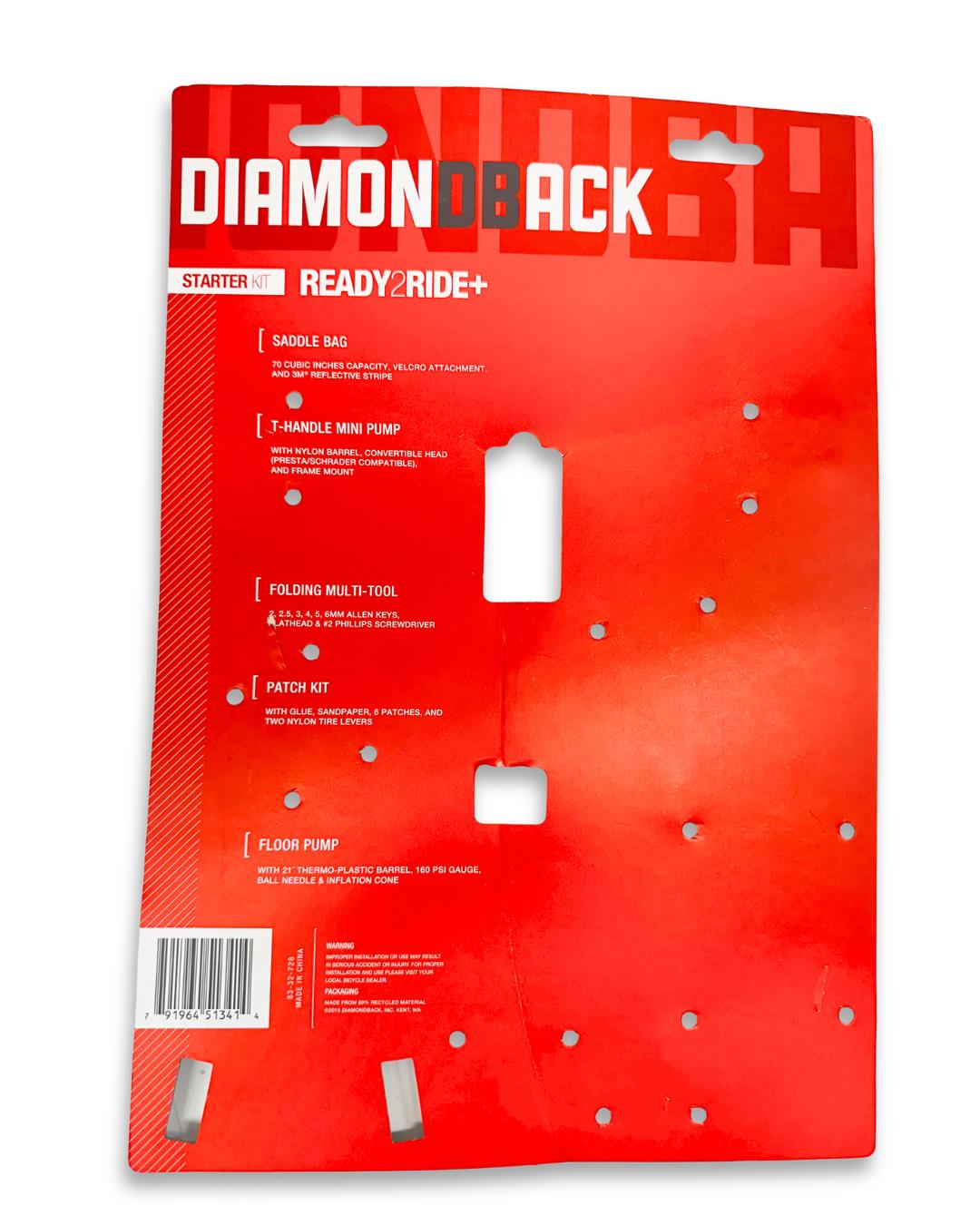 Diamondback Ready2Ride Plus starter kit with floor pump, mini pump, saddle bag, multi tool, patch kit, and tire levers