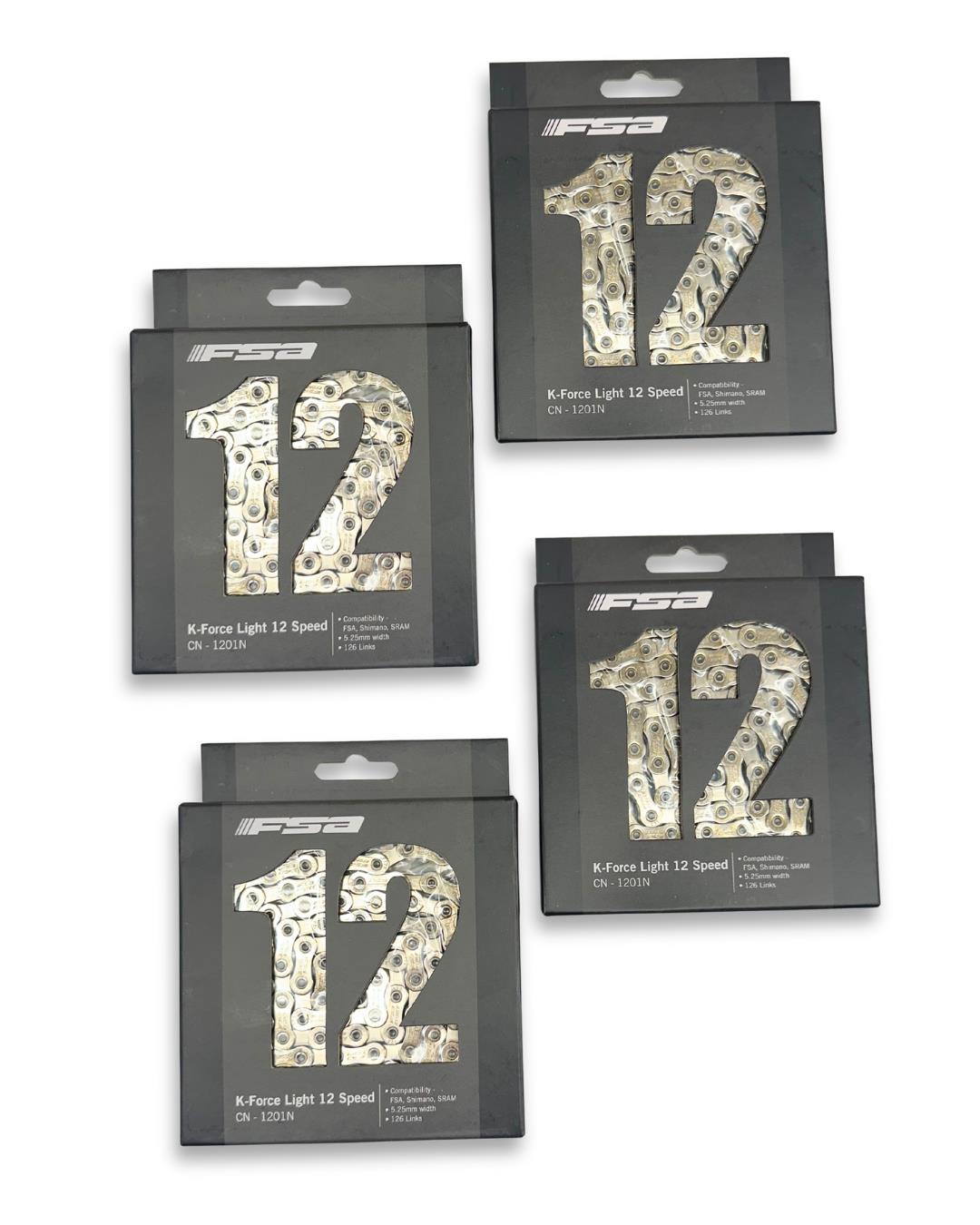 4-pack FSA K-Force Light 12-speed MTB chains, 116 links each, with DriveLink connector