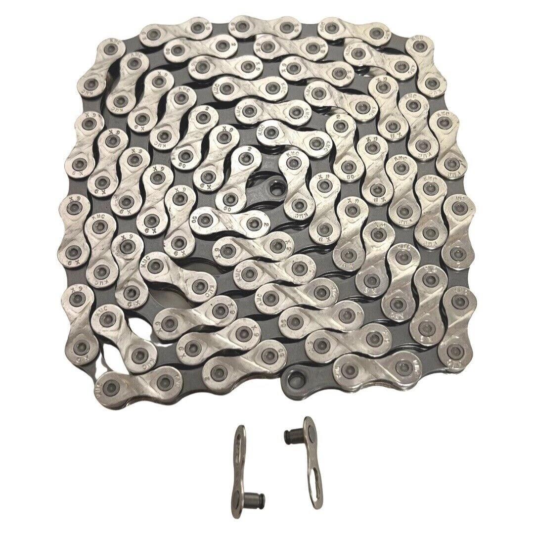KMC X9 9-speed bike chain 116 links in grey with missing link compatible with Shimano and SRAM