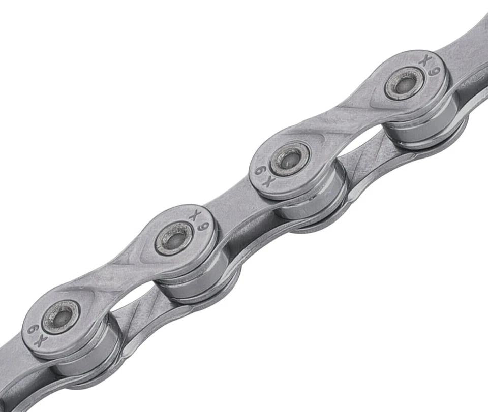 KMC X9 9-speed bike chain 116 links in grey with missing link compatible with Shimano and SRAM