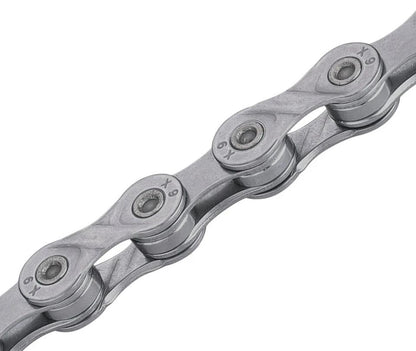 KMC X9 9-speed bike chain 116 links in grey with missing link compatible with Shimano and SRAM