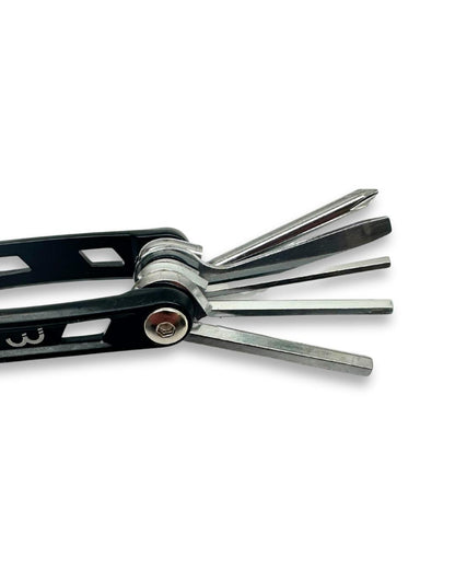 Multi tool kit with BBB PrimeFold small 9-function, medium 14-function, and large 16-function tools