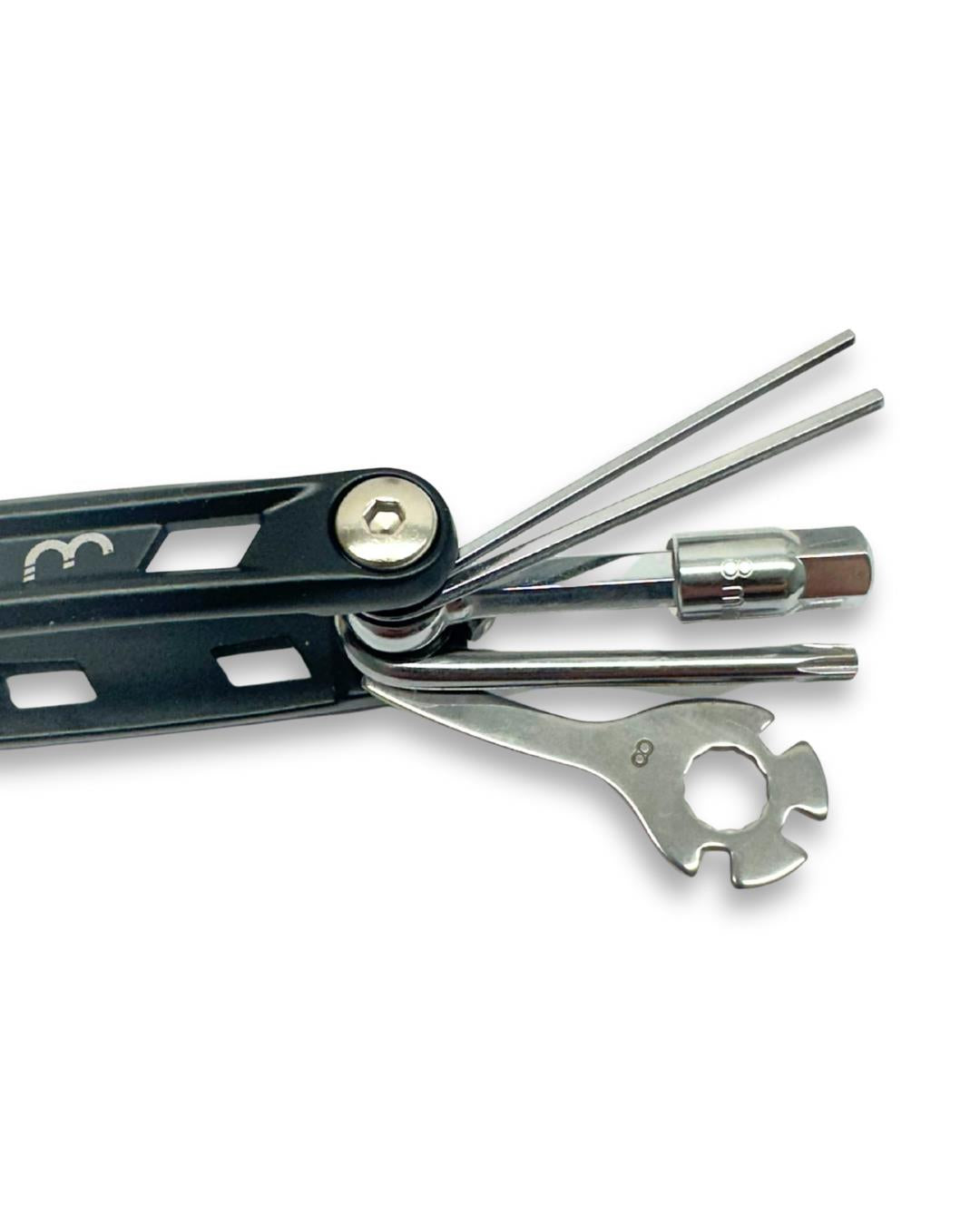 Multi tool kit with BBB PrimeFold small 9-function, medium 14-function, and large 16-function tools