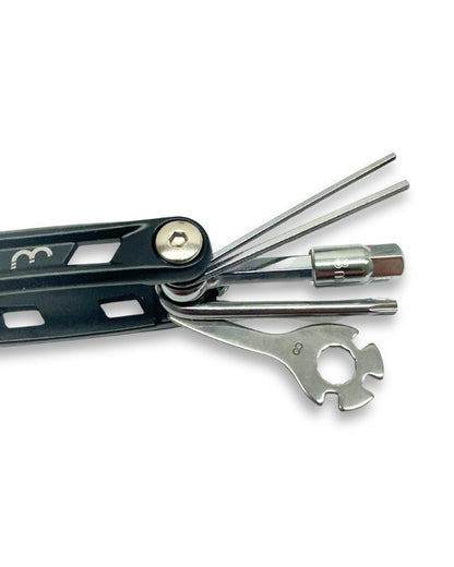 Multi tool kit with BBB PrimeFold small 9-function, medium 14-function, and large 16-function tools