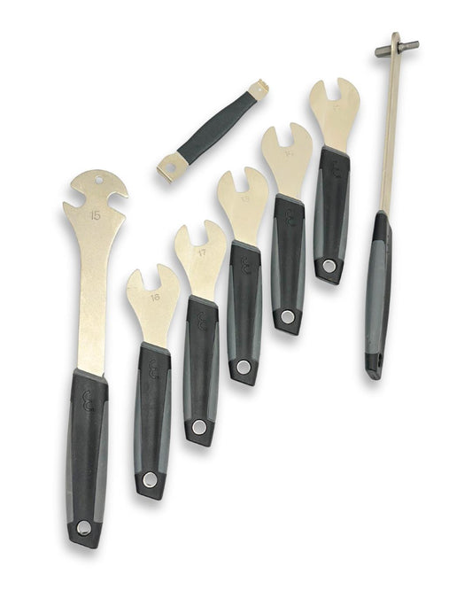 Bike precision wrench kit with cone wrench set, chainring nut wrench, long hex allen wrench, and long pedal wrench
