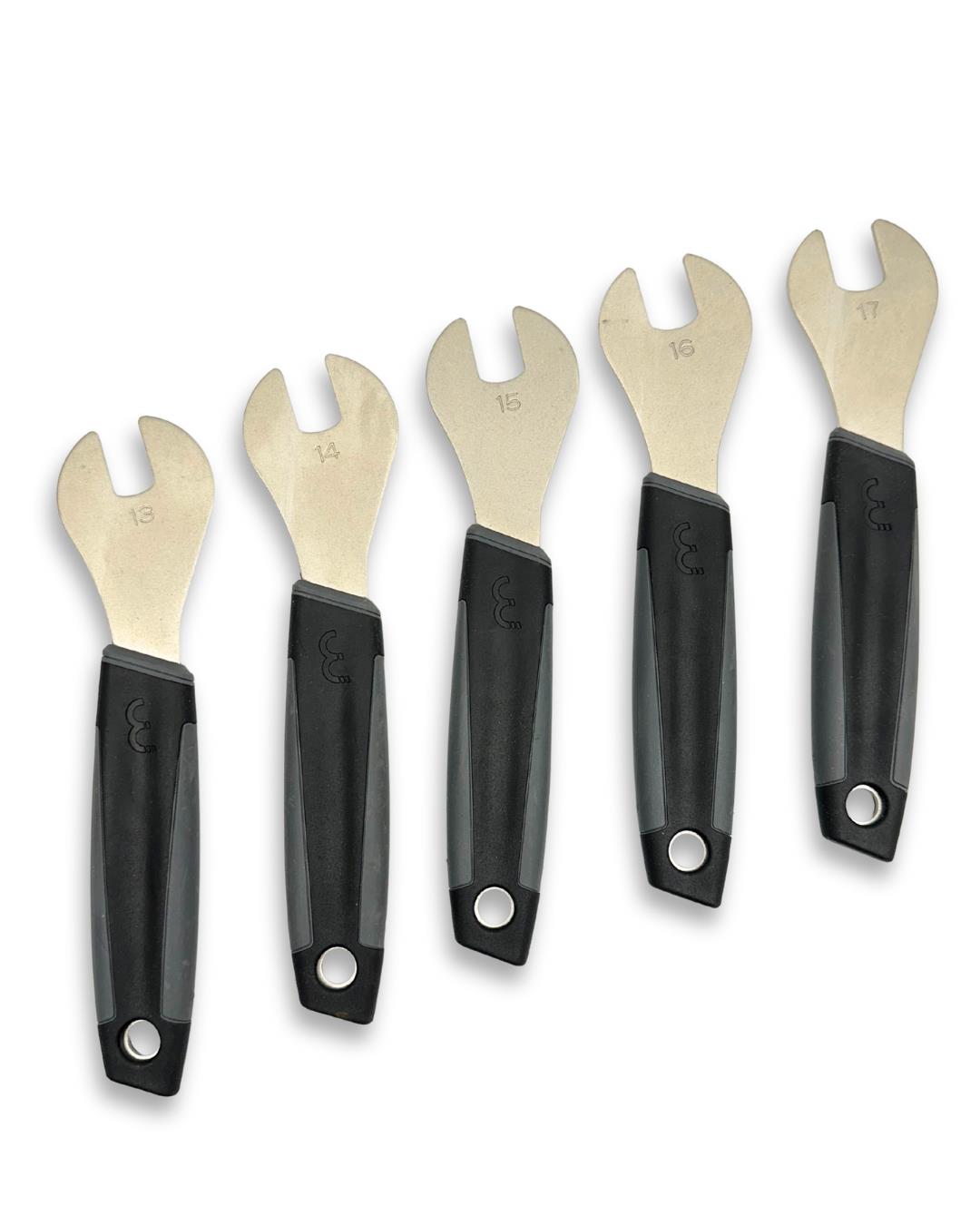 Bike precision wrench kit with cone wrench set, chainring nut wrench, long hex allen wrench, and long pedal wrench