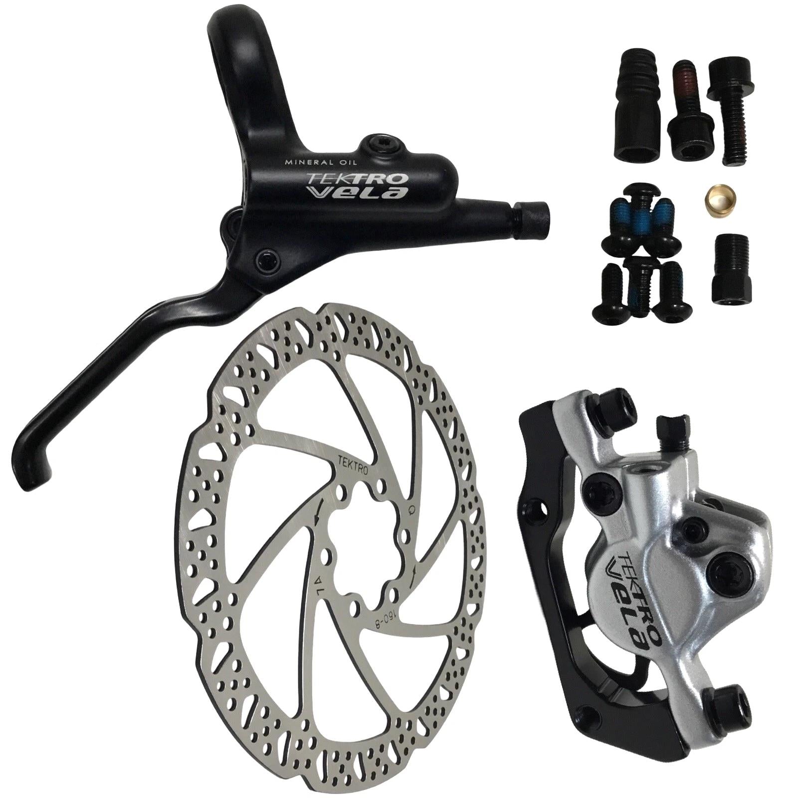 Tektro Vela hydraulic disc brake rear set with 160mm rotor and 1600mm hose, silver, for MTB or hybrid bikes
