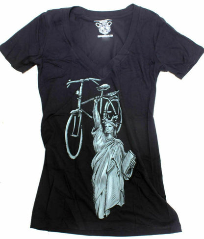 CLOCKWORK GEARS LIBERTY RIDE Women's XL T-Shirt Short Sleeve Black V-Neck NEW - Random Bike Parts